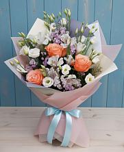 Букет цветов из:  Лизиантусы, Розы, Альстромерии и Гипсофила в Николаевке