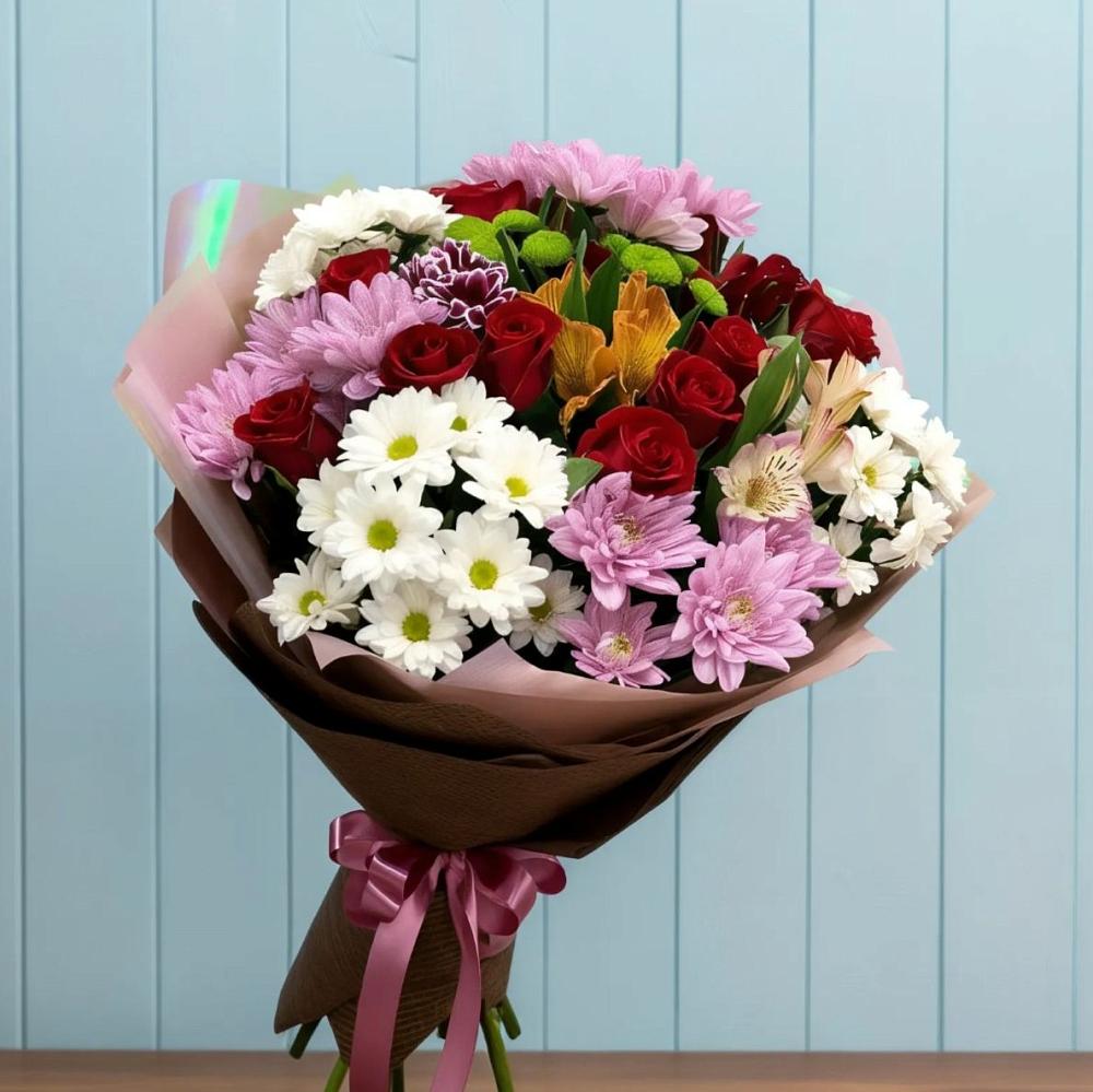 Букет цветов из: Розы, Хризантемы и Альстромерии в Николаевке